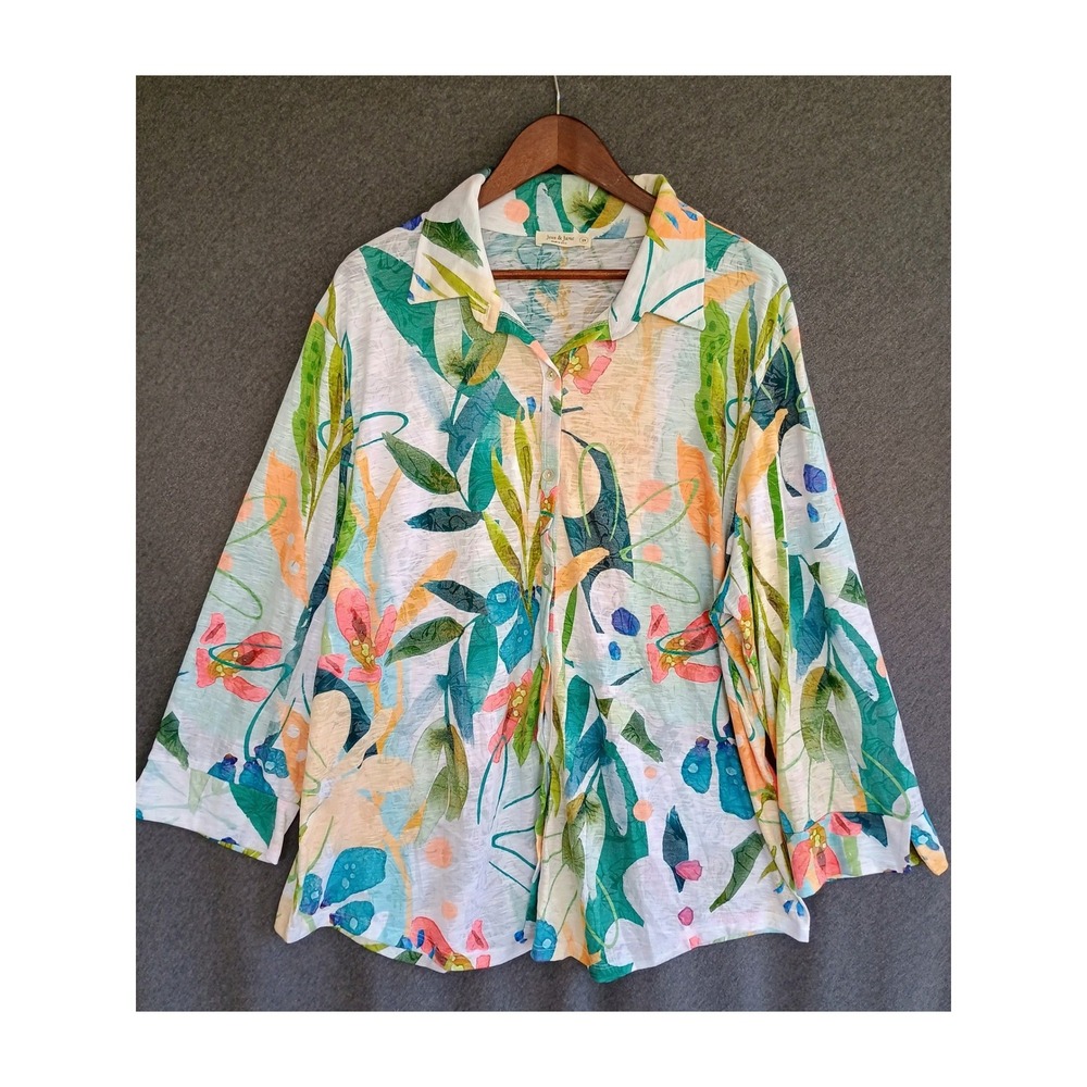 Jess & Jane Lemonade Floral Slub Knit Button Front Top 2X Long Sleeve Blouse